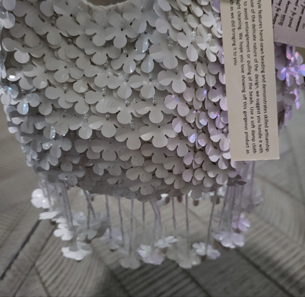 Viral Handmade In India White Dimensional Sequin Mini Hobo Bag Flower Fringe NWT